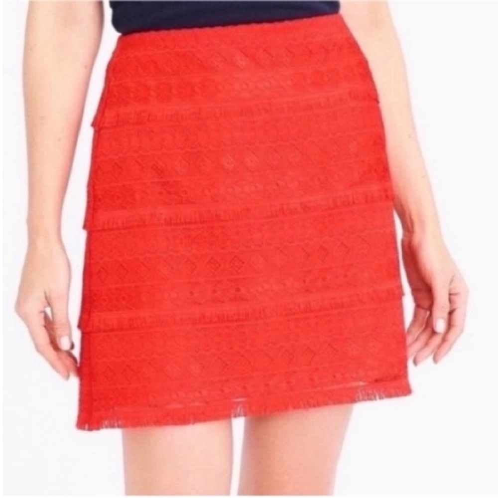 J. Crew Factory mini skirt red fringe lace geometric zipper tiered - Picture 1 of 7